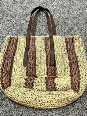 J. JILL Straw Tote Striped Leather Handle Large Beach Bag Market Purse Brown Tan
